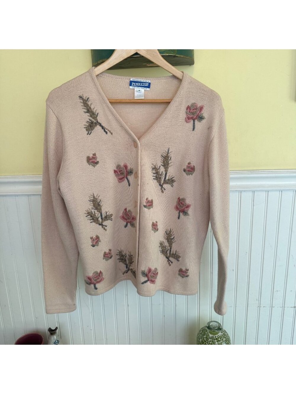 Pendleton Womens Floral Embroidered Cardigan Sweater Button Front Wool Blend M